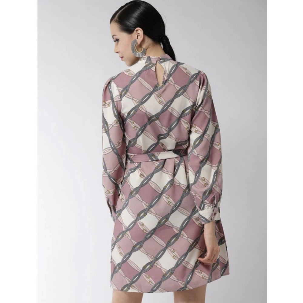 Seduva Women's Polyester Checkered Long Sleeves Above Knee Dress (Off White - Lavender)