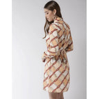 Seduva Women's Polyester Printed Roll Up Sleeve Above Knee Dress (Off White - Brown)