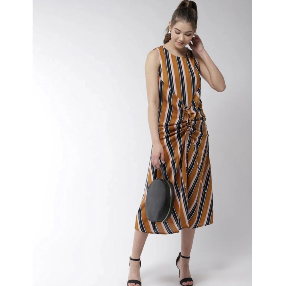 Seduva Women's Polyester Striped Sleeveless Below Knee Dress (Mustard)