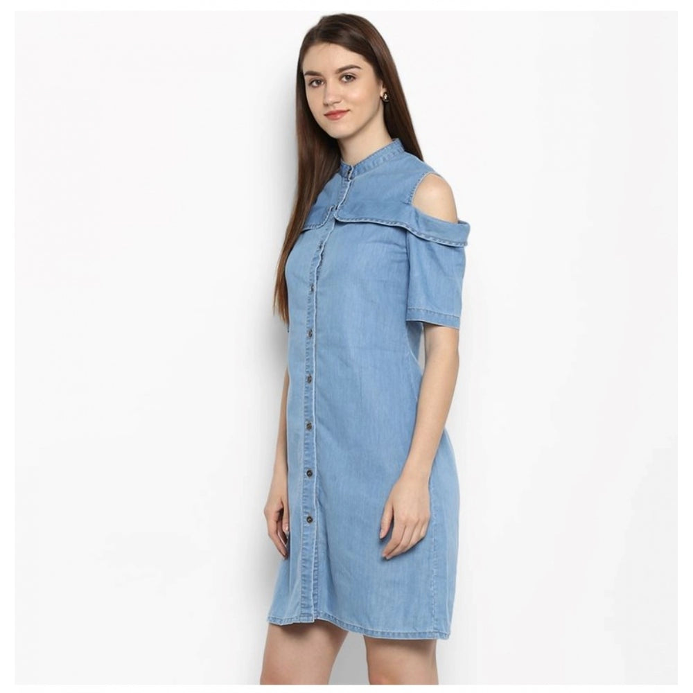 Seduva Women's Denim Solid Cold Shoulder Above Knee Dress (Blue)