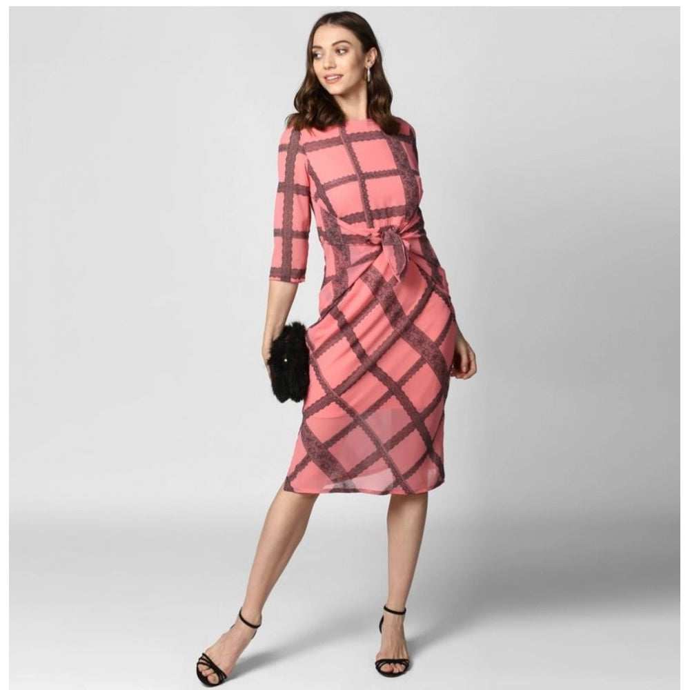 Seduva Women's Polyester Checkered 3-4th Sleeves Below Knee Dress (Pink - Black)