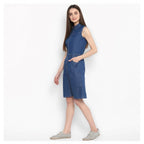 Seduva Women's Denim Solid Sleeveless Above Knee Dress (Blue)