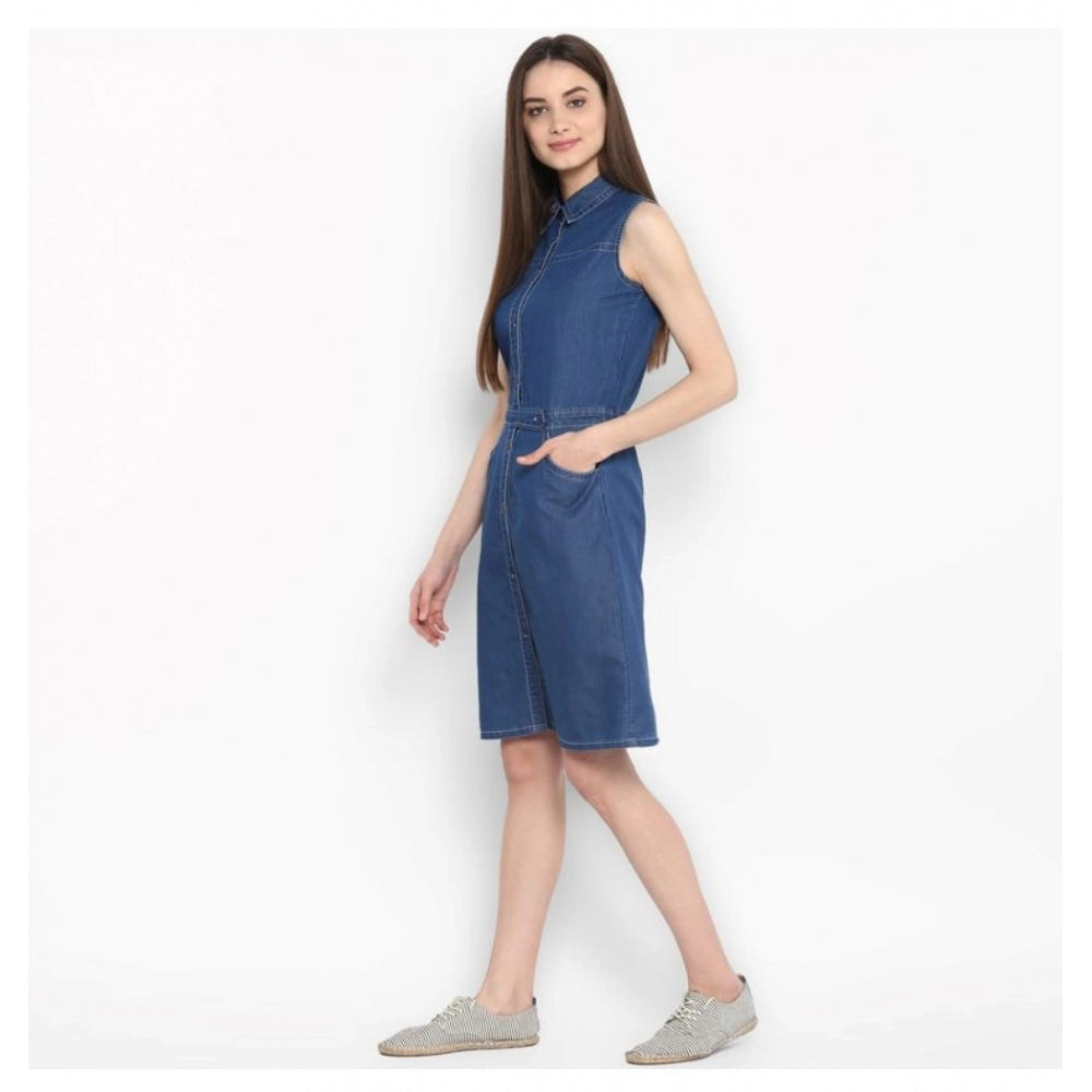Seduva Women's Denim Solid Sleeveless Above Knee Dress (Blue)