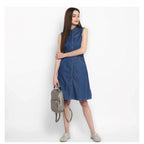 Seduva Women's Denim Solid Sleeveless Above Knee Dress (Blue)