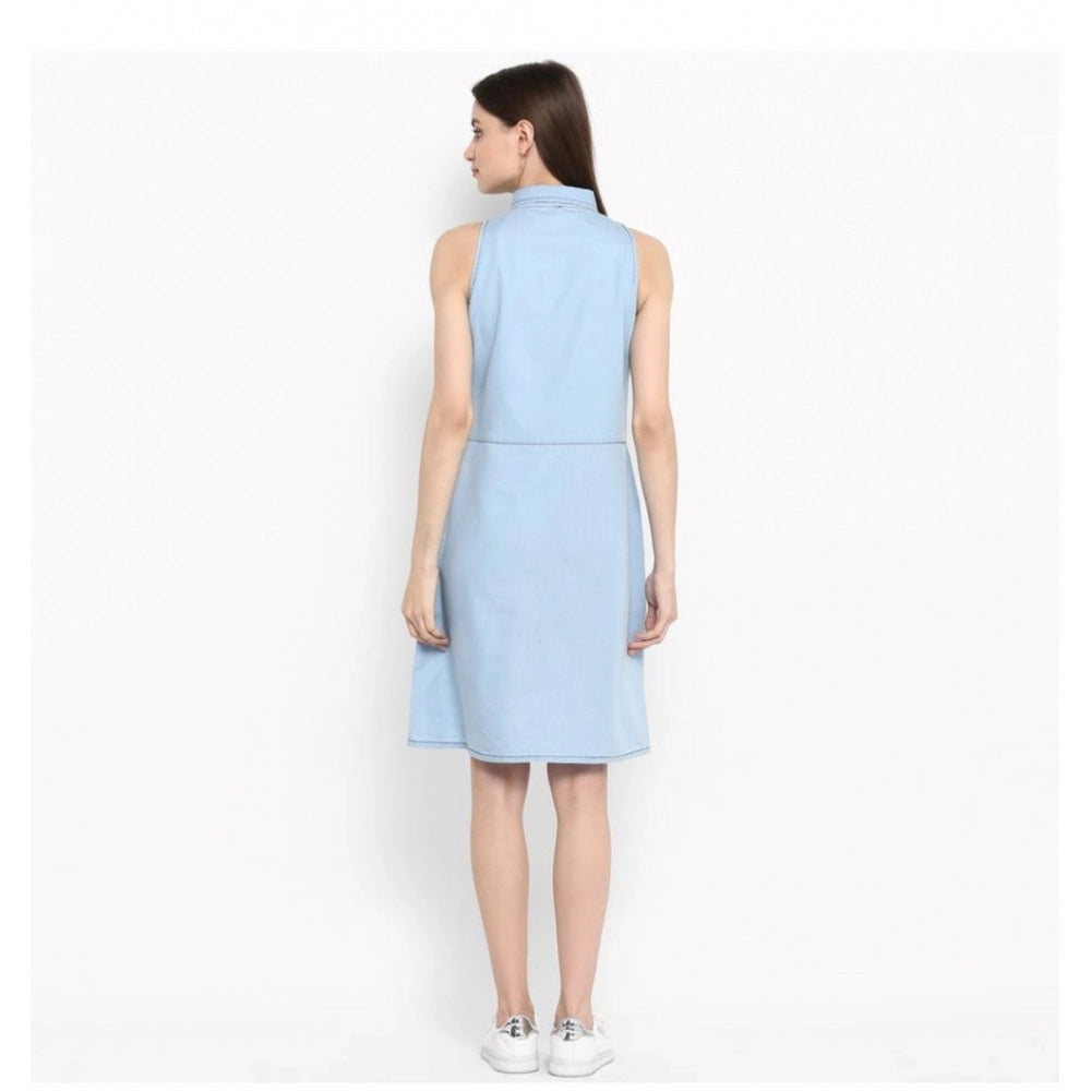 Seduva Women's Denim Solid Sleeveless Below Knee Dress (Blue)
