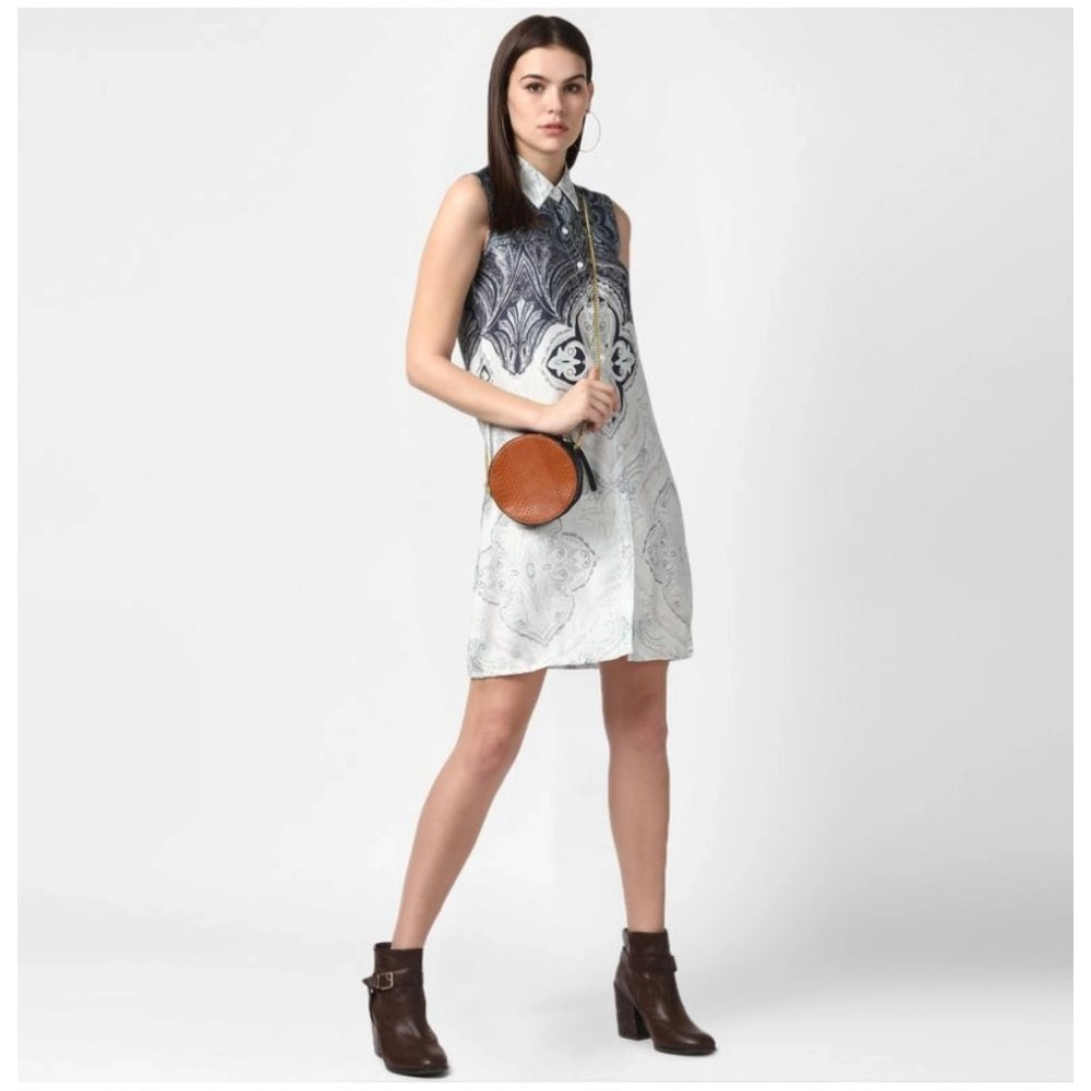Seduva Women's Polyester Printed Sleeveless Above Knee Dress (Blue)