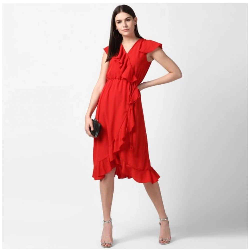 Seduva Women's Polyester Ruffled Cap Sleeve Knee-Length Dress (Red)
