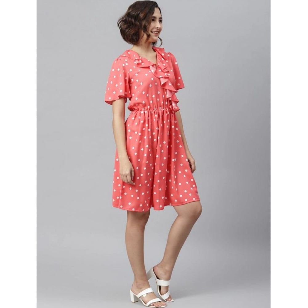 Seduva Women's Polyester Polka Flutter Above Knee Dress (Coral)