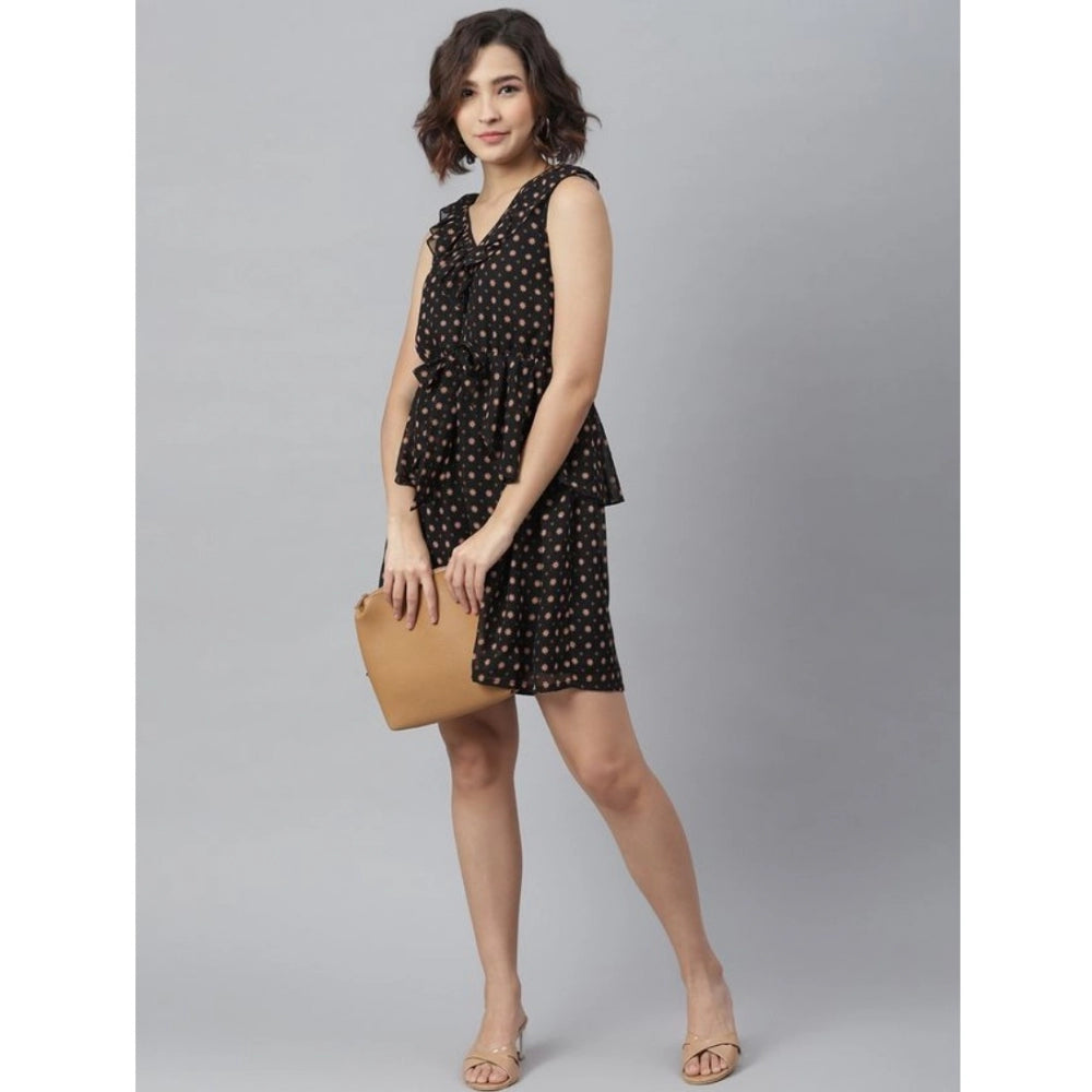 Seduva Women's Polyester Peplum Sleeveless Above Knee Dress (Black)