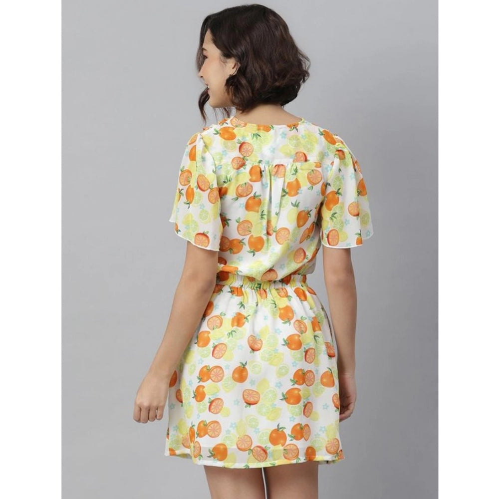 Seduva Women's Polyester Printed Flutter Above Knee Dress (Orange - Yellow)