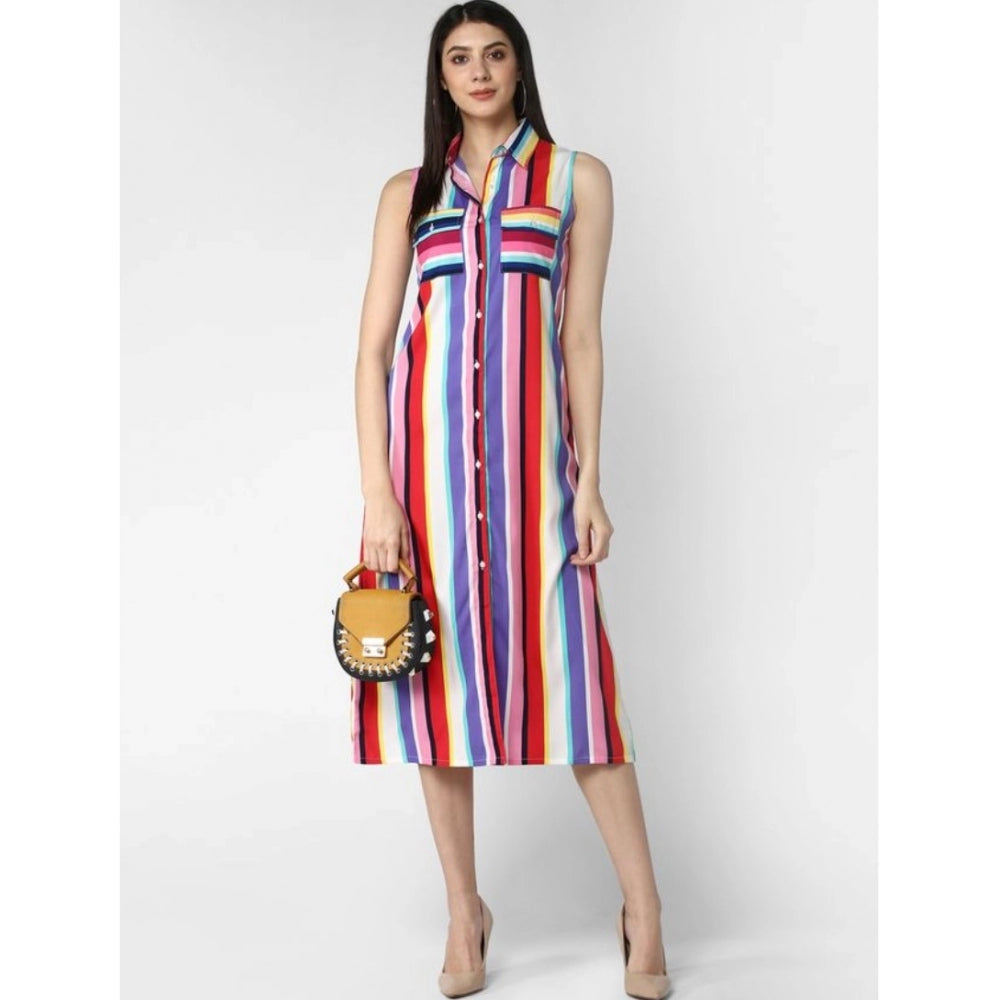 Seduva Women's Polyester Striped Sleeveless Calf-length Dress (Multicolor)