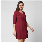 Seduva Women's Cotton Solid 3-4th Sleeves Above Knee Dress (Maroon)