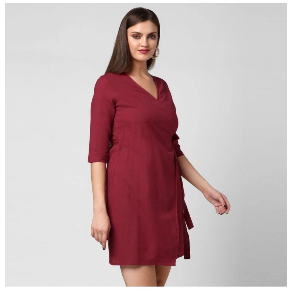 Seduva Women's Cotton Solid 3-4th Sleeves Above Knee Dress (Maroon)
