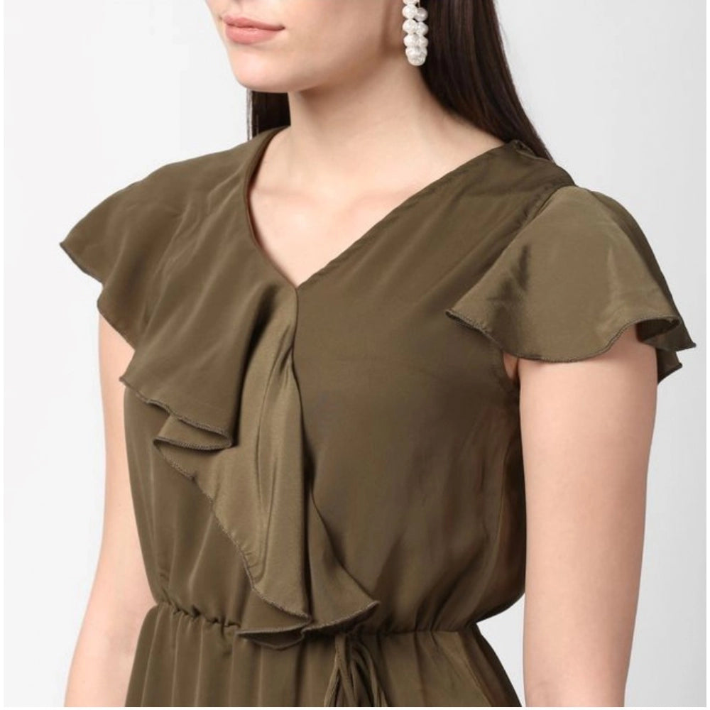 Seduva Women's Polyester Ruffled Cap Sleeve Knee-Length Dress (Olive)