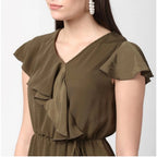 Seduva Women's Polyester Ruffled Cap Sleeve Knee-Length Dress (Olive)
