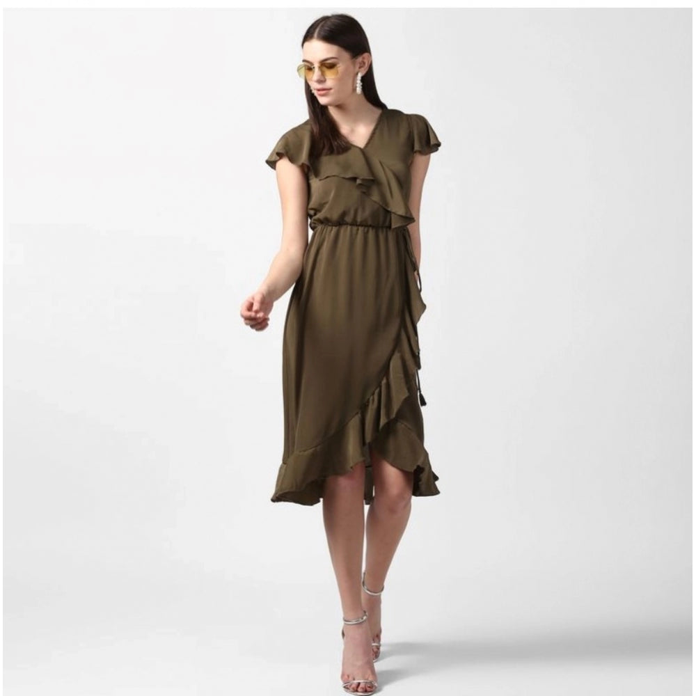 Seduva Women's Polyester Ruffled Cap Sleeve Knee-Length Dress (Olive)