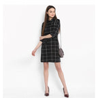 Seduva Women's Polyester Checkered Roll Up Sleeve Above Knee Dress (Black - White)