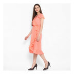 Seduva Women's Polyester Ruffled Cap Sleeve Below Knee Dress (Neon Pink)