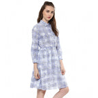 Seduva Women's Cotton Checkered Roll Up Sleeve Above Knee Dress (Blue)