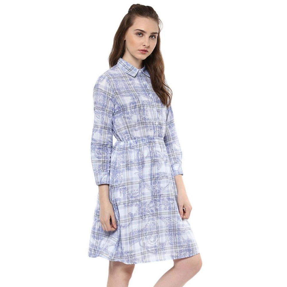 Seduva Women's Cotton Checkered Roll Up Sleeve Above Knee Dress (Blue)