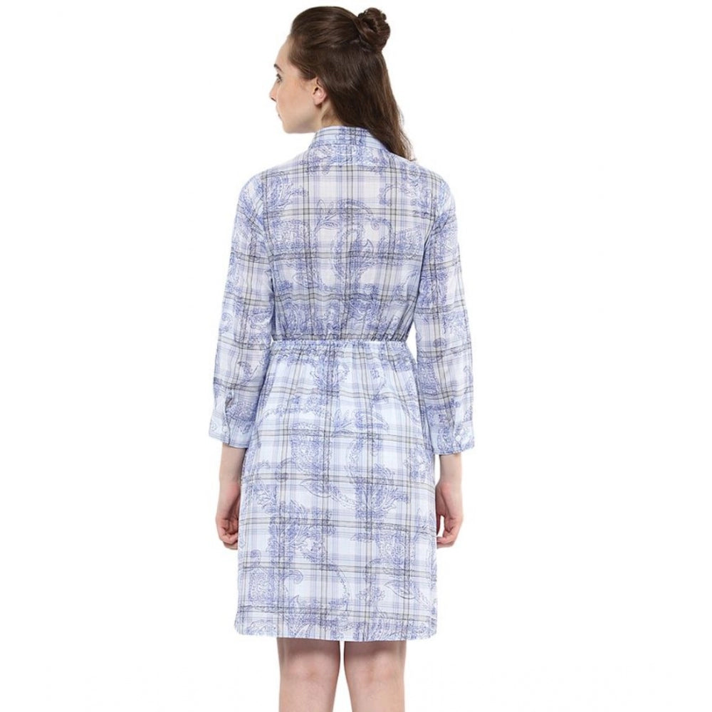 Seduva Women's Cotton Checkered Roll Up Sleeve Above Knee Dress (Blue)