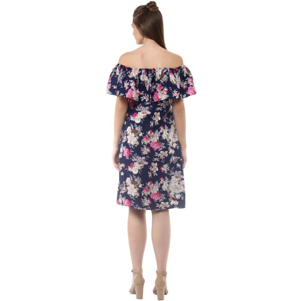 Seduva Women's Polyester Crepe Floral Half Sleeve Above Knee Dress (Navy Blue)