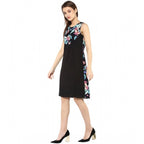 Seduva Women's Polyester Printed Sleeveless Above Knee Dress (Black - Multicolor)