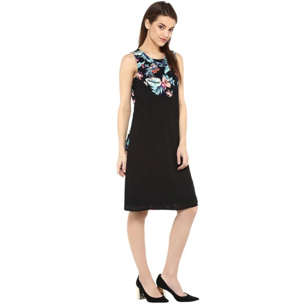 Seduva Women's Polyester Printed Sleeveless Above Knee Dress (Black - Multicolor)