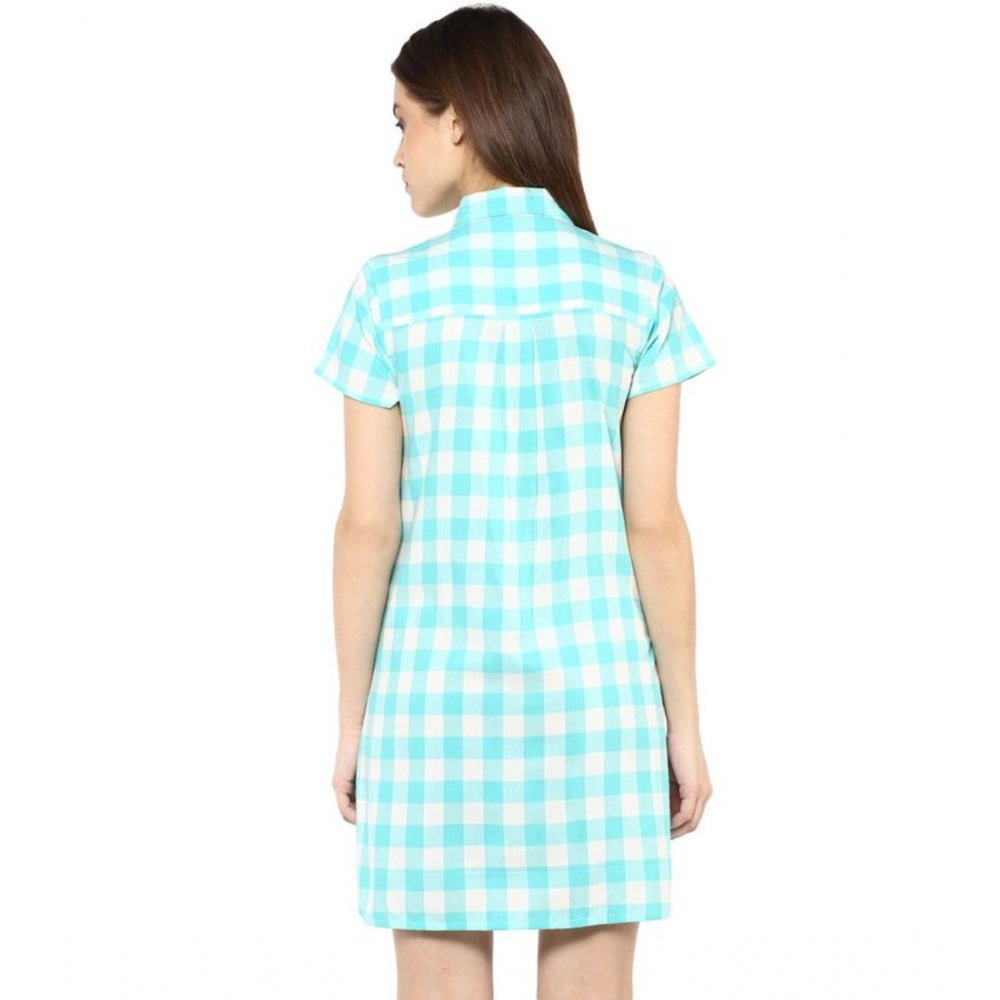 Seduva Women's Rayon Checkered Short Sleeve Above Knee Dress (SkuBlue - White)