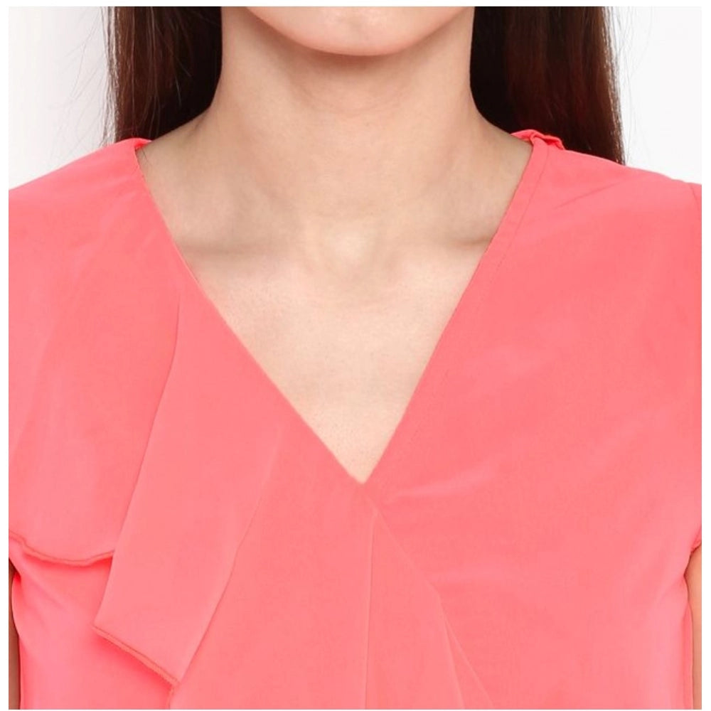 Seduva Women's Polyester Ruffled Cap Sleeve Below Knee Dress (Coral Pink)