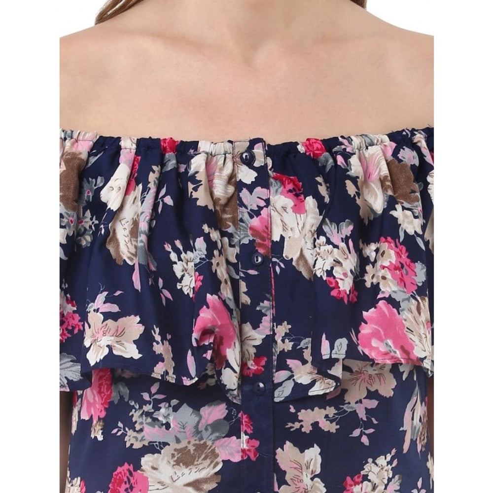 Seduva Women's Polyester Crepe Floral Half Sleeve Above Knee Dress (Navy Blue)