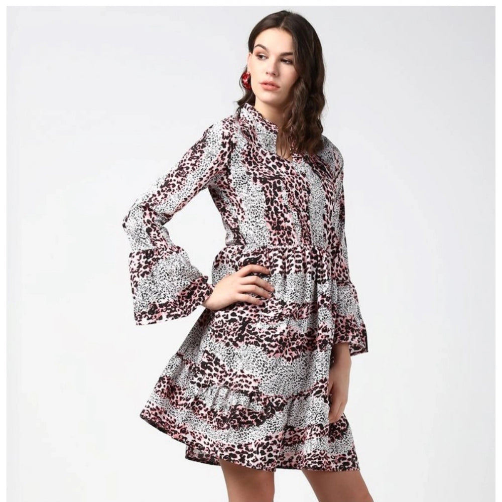 Seduva Women's Polyester Animal Print Bell Sleeve Above Knee Dress (Pink - Black)