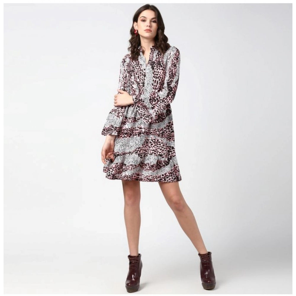 Seduva Women's Polyester Animal Print Bell Sleeve Above Knee Dress (Pink - Black)