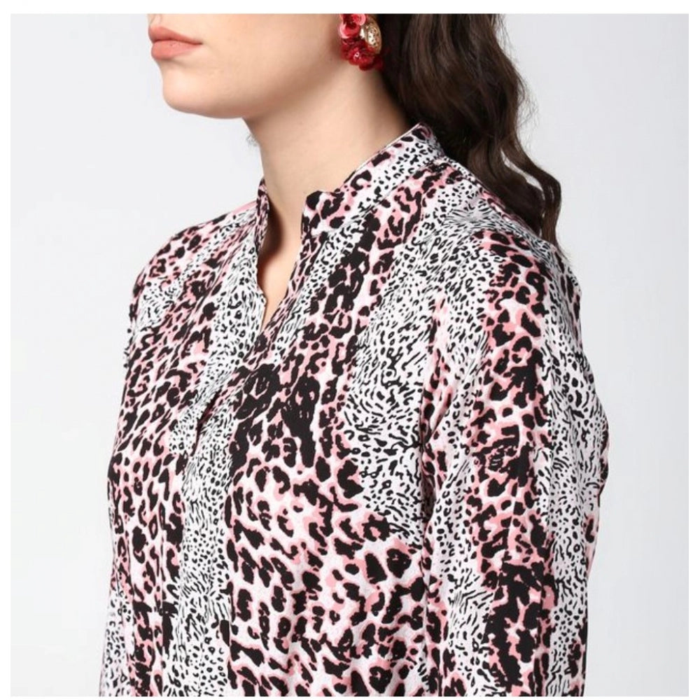 Seduva Women's Polyester Animal Print Bell Sleeve Above Knee Dress (Pink - Black)