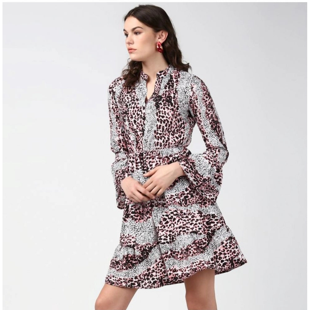 Seduva Women's Polyester Animal Print Bell Sleeve Above Knee Dress (Pink - Black)