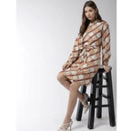 Seduva Women's Polyester Checkered Long Sleeves Above Knee Dress (Off White - Brown)