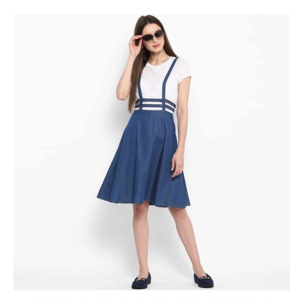 Seduva Women's Denim Solid Shoulder Straps Below Knee Dress (Blue)