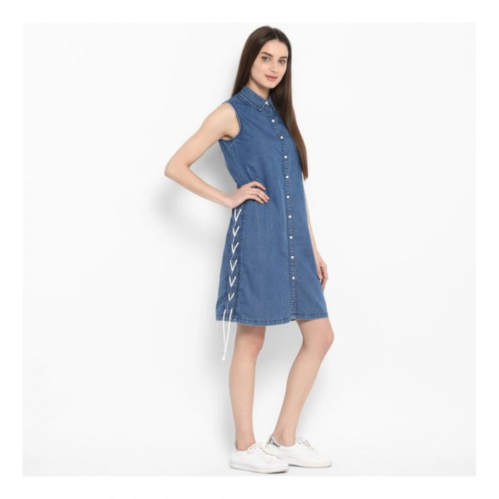 Seduva Women's Denim Solid Sleeveless Above Knee Dress (Blue)