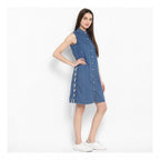 Seduva Women's Denim Solid Sleeveless Above Knee Dress (Blue)