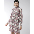 Seduva Women's Polyester Checkered Long Sleeves Above Knee Dress (Off White - Lavender)