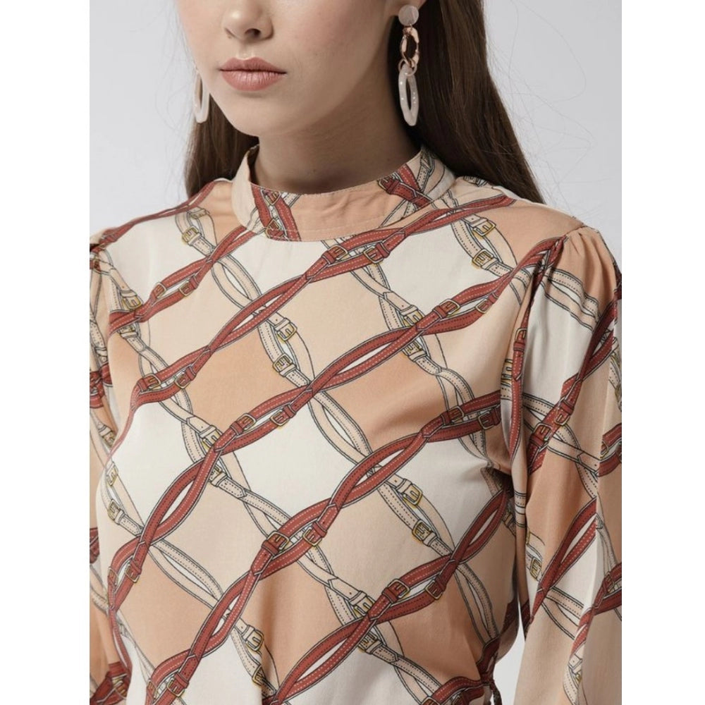 Seduva Women's Polyester Checkered Long Sleeves Above Knee Dress (Off White - Brown)
