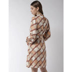 Seduva Women's Polyester Checkered Long Sleeves Above Knee Dress (Off White - Brown)