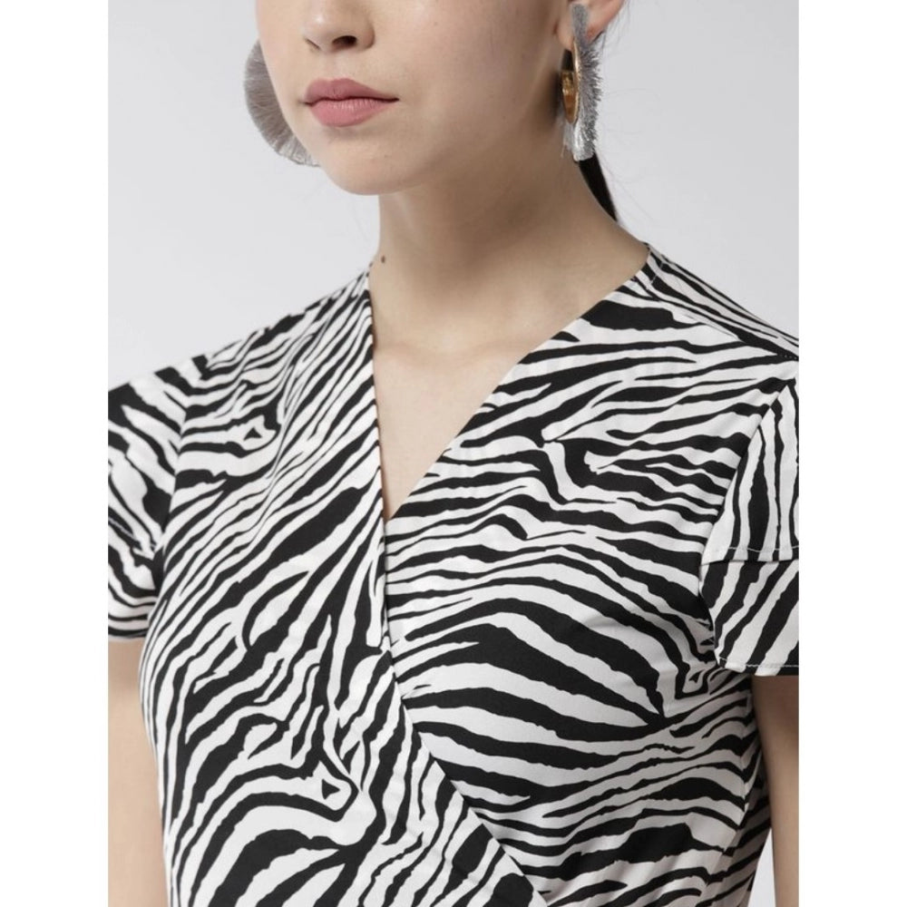 Seduva Women's Polyester Animal Print Short Sleeve Knee-Length Dress (Black - White)