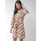 Seduva Women's Polyester Checkered Long Sleeves Above Knee Dress (Off White - Brown)