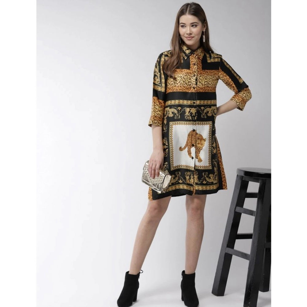 Seduva Women's Satin Animal Print 3-4th Sleeves Above Knee Dress (White - Orange)