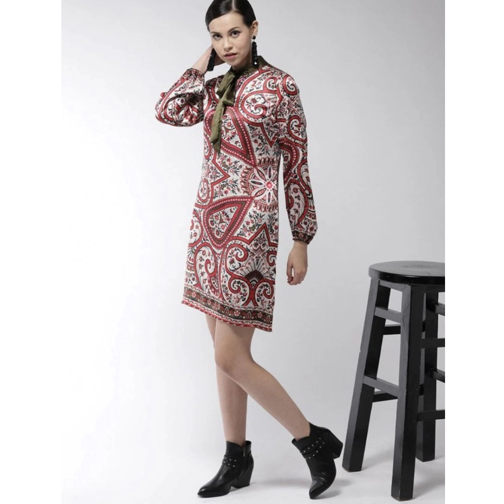 Seduva Women's Polyester Printed Long Sleeves Above Knee Dress (Red)