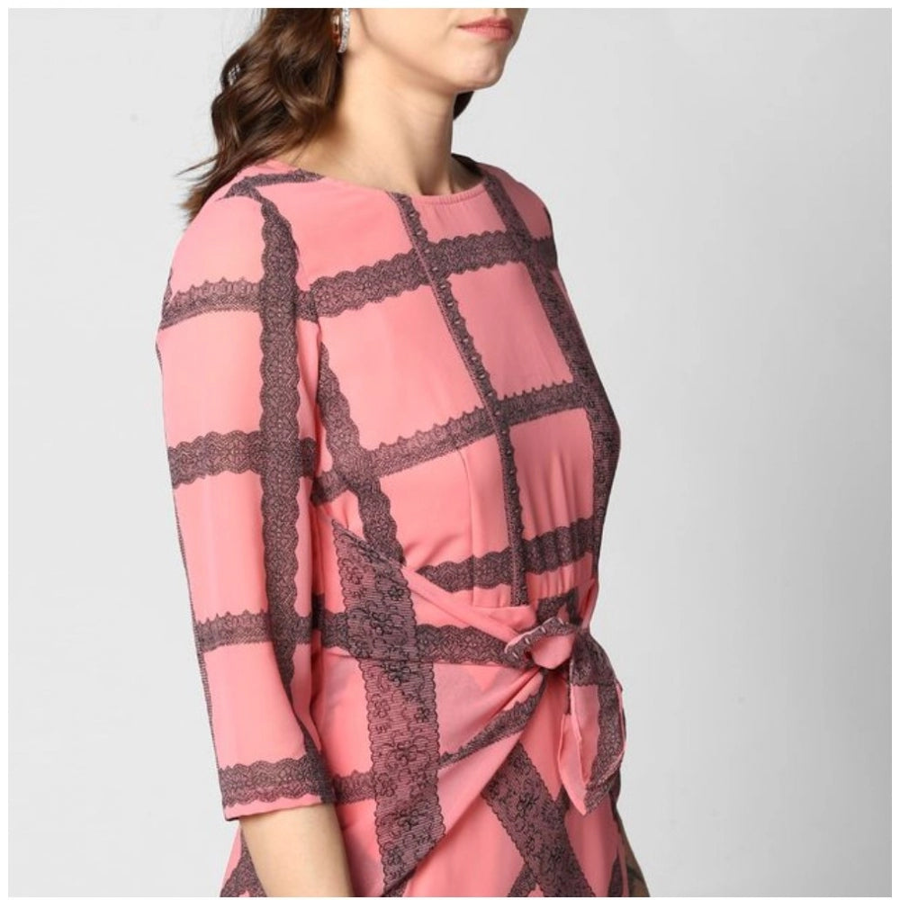 Seduva Women's Polyester Checkered 3-4th Sleeves Below Knee Dress (Pink - Black)
