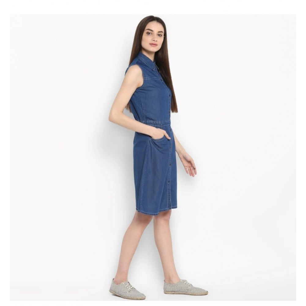 Seduva Women's Denim Solid Sleeveless Above Knee Dress (Blue)