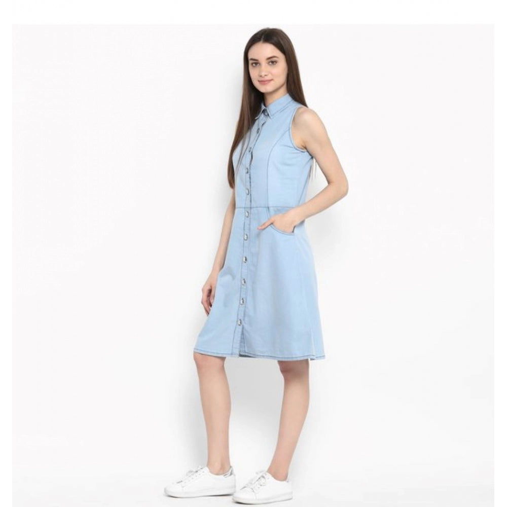 Seduva Women's Denim Solid Sleeveless Below Knee Dress (Blue)