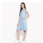 Seduva Women's Denim Solid Sleeveless Below Knee Dress (Blue)